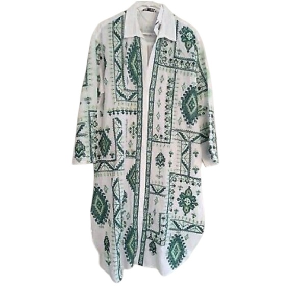 Zara Womens Lg White Green Embroidered Tunic Collared Shirt Dress Boho Cover Up - Picture 3 of 15